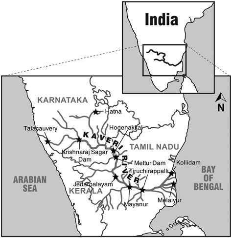 Map Showing The Kaveri River And Its Tributaries South India