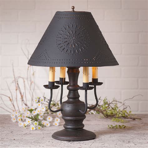 COLONIAL TABLE LAMP With PUNCHED TIN SHADE Distressed Black 3 Light