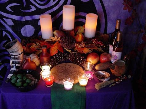 Pagans usually break bread to celebrate the first fruits of the harvest season. Pagan or Wiccan Mabon Altar 2011 1 with dominant use of ...