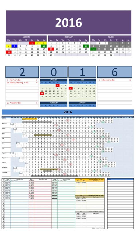 This free excel calendar template shows a full year view with a lengthy column included for notes. Free 2016 Excel Calendars Template