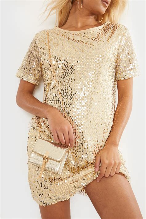 Madeline Gold Sequin T Shirt Dress In The Style