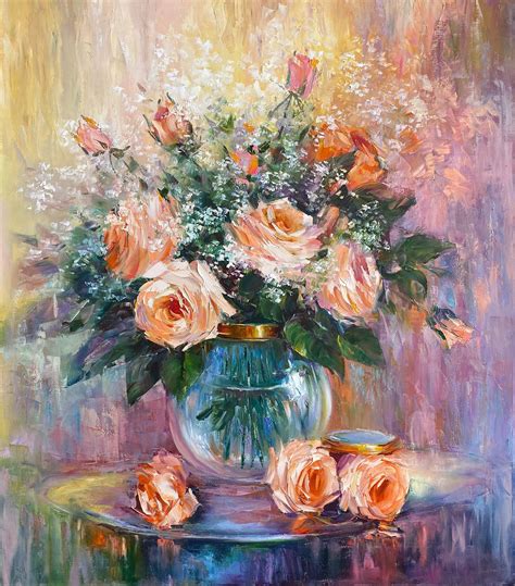 Roses Bouquet In Vase Oil Painting Peach Floral Home