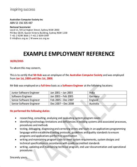 Detail the nature of business to be conducted as well as duration of stay. 13+ Employment Reference Letter Templates - Free Sample ...