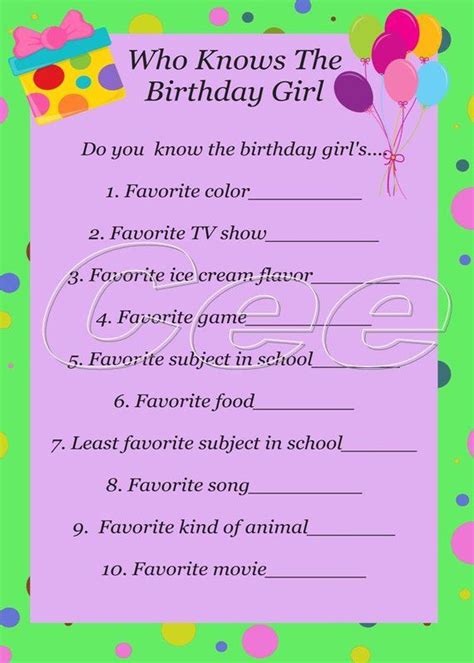 Who Knows The Birthday Girl Instant Download Party Game Etsy Tween Birthday Party 13th