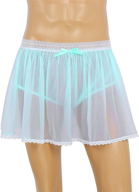 Senmiao Clothing Men Sissy Skirt Panties Lingerie Elastic Lace Waist See Through Sheer Ruffled