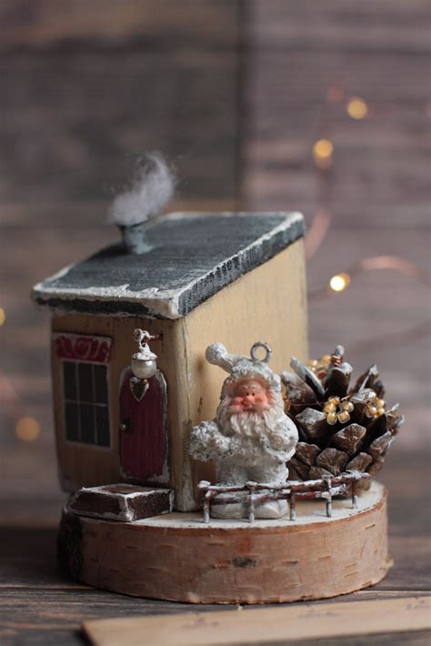 Small Wooden House With Santa Christmas Winter Cottage Etsy