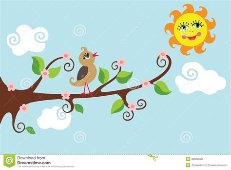 Bird On A Branch Sunny Dayvector Cartoon Stock Vector Illustration