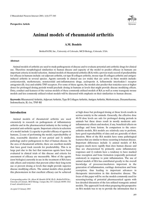 Pdf Animal Models Of Rheumatoid Arthritis