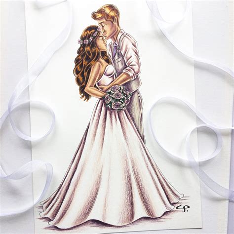 Custom Bride And Groom Illustration Ink And Coloured Pencil Etsy