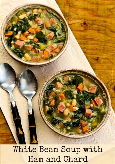 Easy weeknight or weekend dinner to serve up with cornbread or garlic bread. White Bean Soup with Ham and Chard - Kalyn's Kitchen