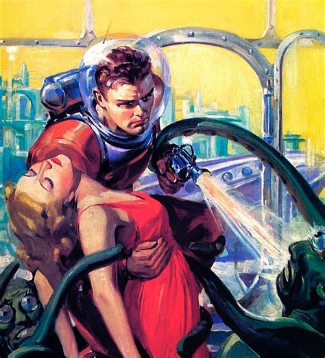Wonderful 1950s Sci Fi Art Dramatic Space Rescue Illustration By