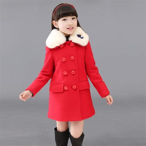 Red Warm Winter Girls Outerwear Hooded Wool Long Kids Winter Coat 2018
