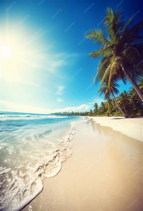 Ein Strand Mit Palmen Und Die Sonne Scheint Darauf Premium Foto