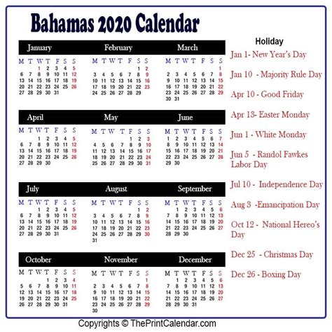 Calendar 2020 Bahamas Bahamas 2020 Yearly Printable Calendar