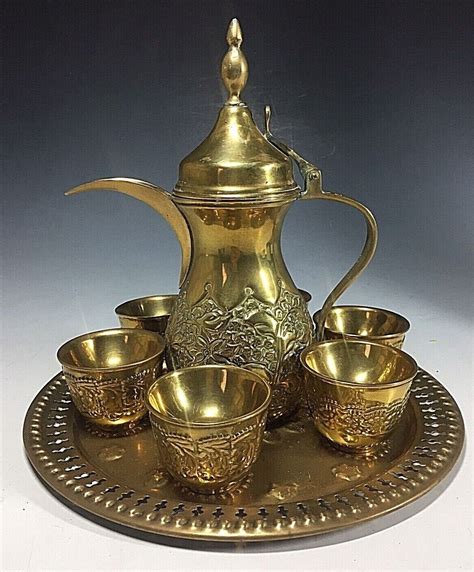 Vintage Ornate Brass Dallah Arabic Turkish Tea Or Coffee Pot Set Cups