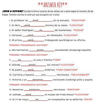 Avancemos 1 unit 5 lesson 1, ser and estar worksheet & answer key