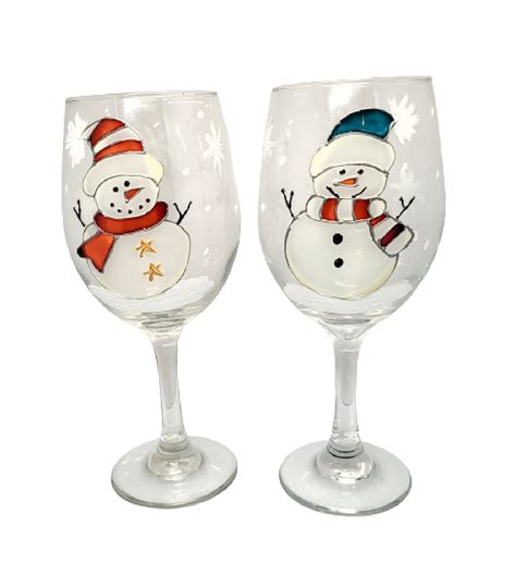 Snowman Hand Painted Holiday Wine Glasses Set Of 2 Handmade Products