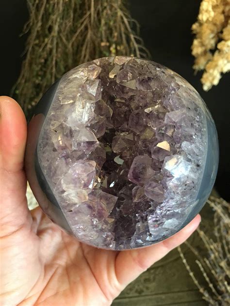 Raw Amethyst Geode Crystal Ball Banded Agate Purple Druzy Crystal Big