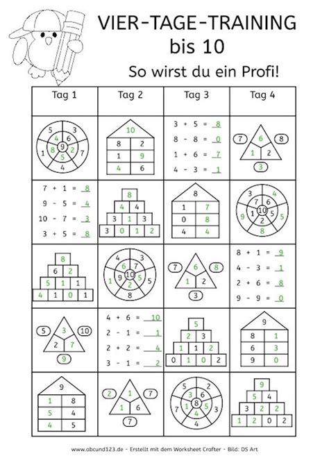 Kostenlose übungsblätter für das fach mathematik klasse 1. Vier-Tage-Mathe-Training, Zahlenraum bis 10, Arbeitsblatt ...