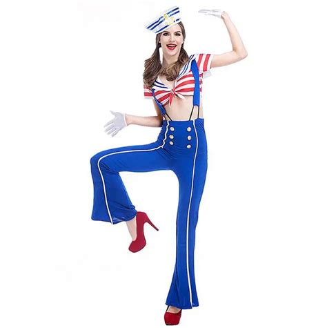 Sexy Women Cool Sailor Costume Tops And Long Pants Stripe Navy Uniforms Naughty Halloween Party