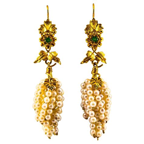 Large Pearl Emerald Diamond Silver Gold Drop Earrings For Sale At