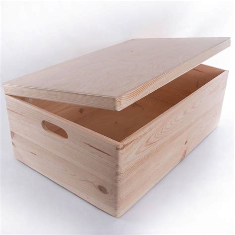 Xl Deep Wooden Storage Box With Hinged Lid And Cut Out Handles Keepsake