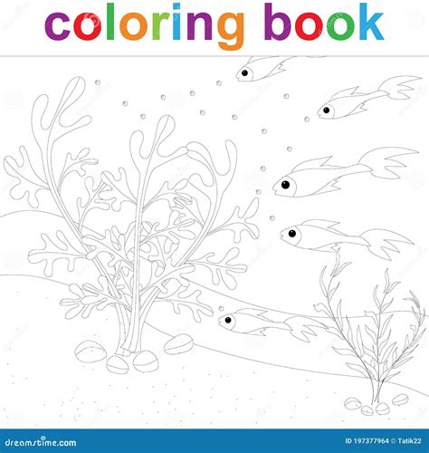 Coloring Page Template With Cartoon Fish And Algae For Children