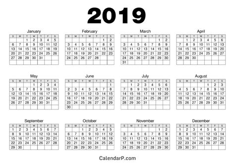 2019 Calendar Printable Free Hd Black White Calendarp Printables