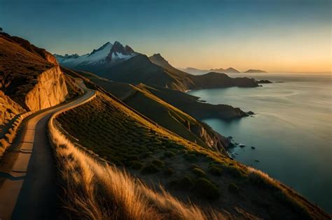 Uma estrada que leva a uma montanha um pôr do sol ao fundo Foto