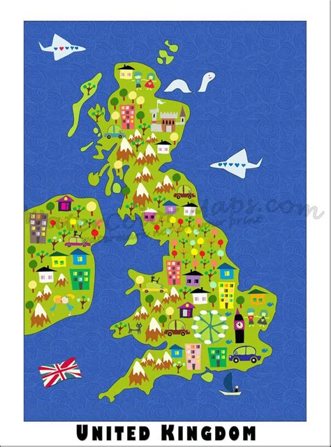 Cartoon Map Of The United Kingdom British Classic Vintage Retro Kraft