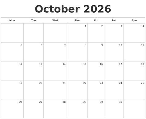 October 2026 Blank Monthly Calendar