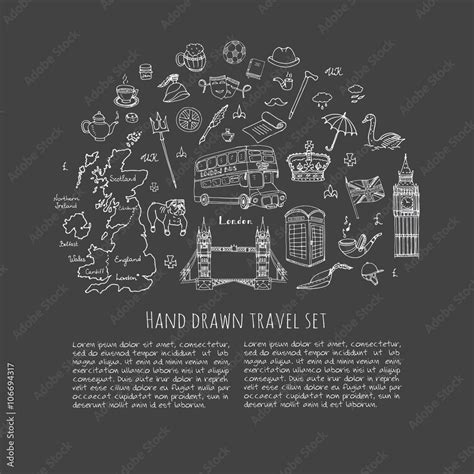 Hand Drawn Doodle England Set Vector Illustration United Kingdom Icons