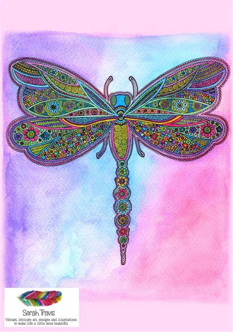 Jewelled Dragonfly Doodle Print Dragonfly Art Dragonfly Wall Art