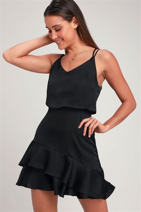 Sexy Black Dress Satin Fuchsia Dress Satin Ruffle Dress Lbd Lulus