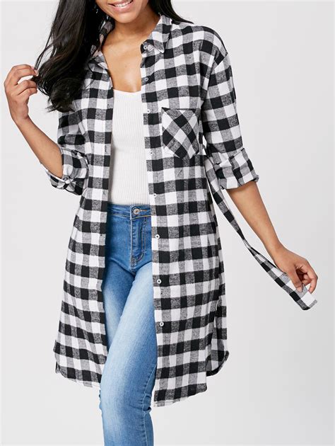 88 Off Long Sleeve Plaid Flannel Shirt With Belt Rosegal