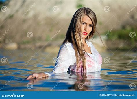 Caucasian Model Posing In Wet White Shirt In Water Stock Image Image Of Shirt Girl