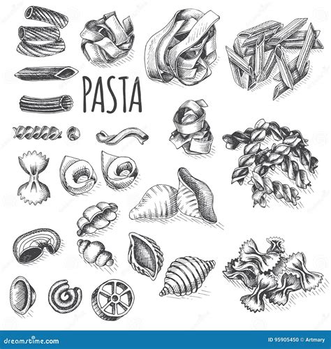 Vector Illustration Sketch Pasta Set Italian Food Stock