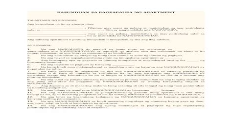 A sample copy of a contract for rent.full description. Kasunduan Sa Pagpapaupa Ng Apartment (Sample)