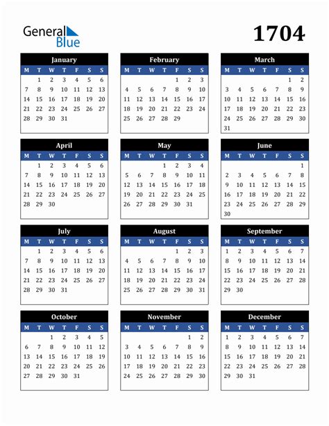 Editable 1704 Calendar
