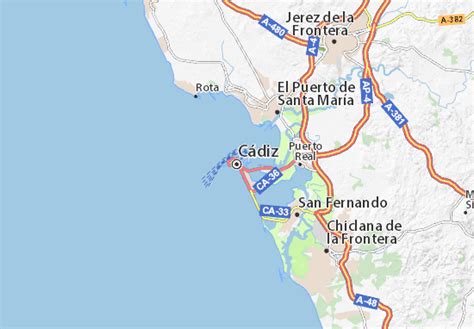 Cádiz ist eine stadt in andalusien, spanien an der costa de la luz. Karte, Stadtplan Cadiz - ViaMichelin