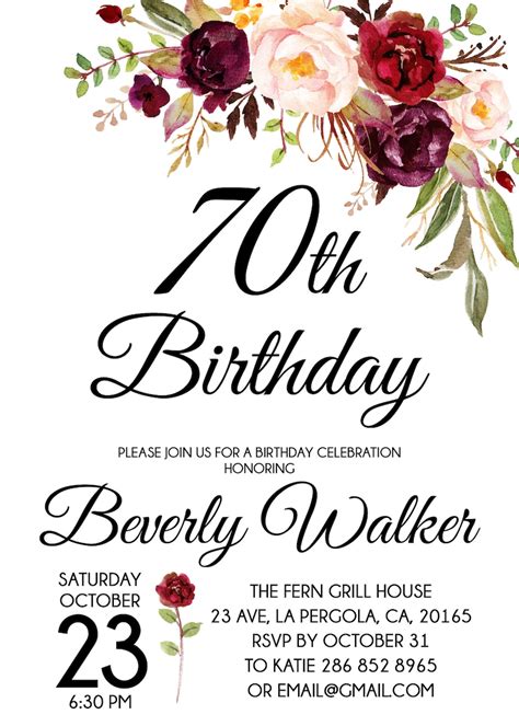70th Birthday Invitation Any Age Women Birthday Invitation Etsy