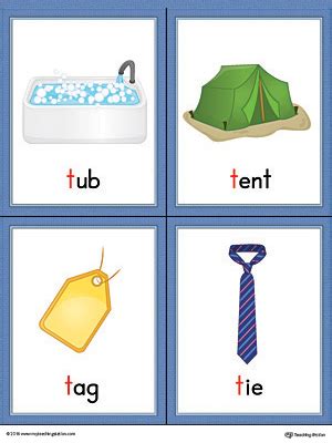 Full list of words from this list: Letter T Words and Pictures Printable Cards: Tub, Tent, Tag, Tie (Color ...