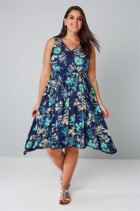 Blue And Multi Tropical Print Sleeveless Dress With Sequin Detail Plus