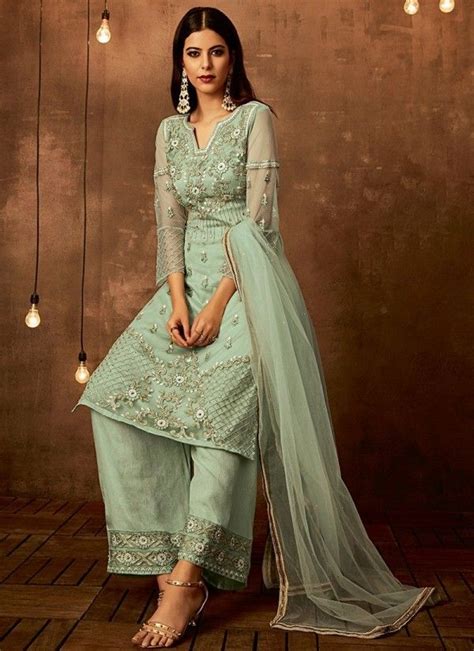 Light Green Traditional Embroidered Palazzo Pant Suit Pantsuit Kurti