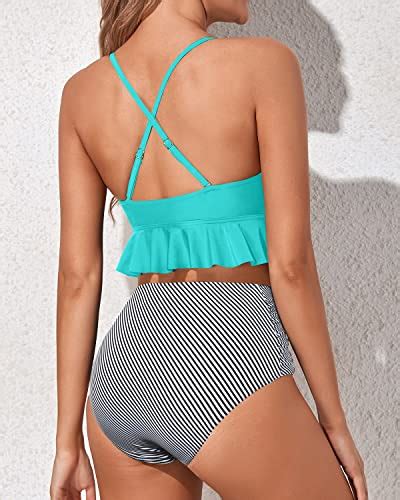 Tempt Me Women Mint Green Stripe Two Piece Swimsuits High Waisted Bikini Set Ruffle Flounce