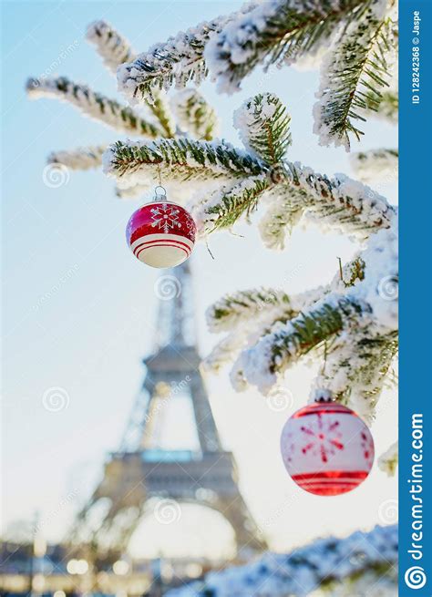 Christmas Tree Covered With Snow Near Eiffel Tower Stock Photo Image