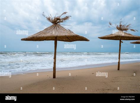 Straw Umbrellas On The Beach Stock Photo Alamy