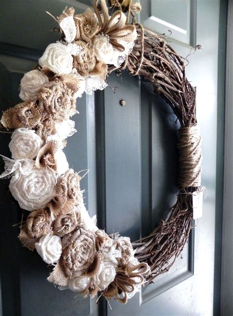 Burlap Grapevine Wreath Burlap Roses Pearls And Ivory Lace Rustic