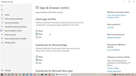 Windows 10 Windows Security App And Browser Control Settings For