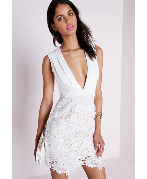 Missguided Lace Bar Detail Bodycon Dress Nude In White Nude Save My